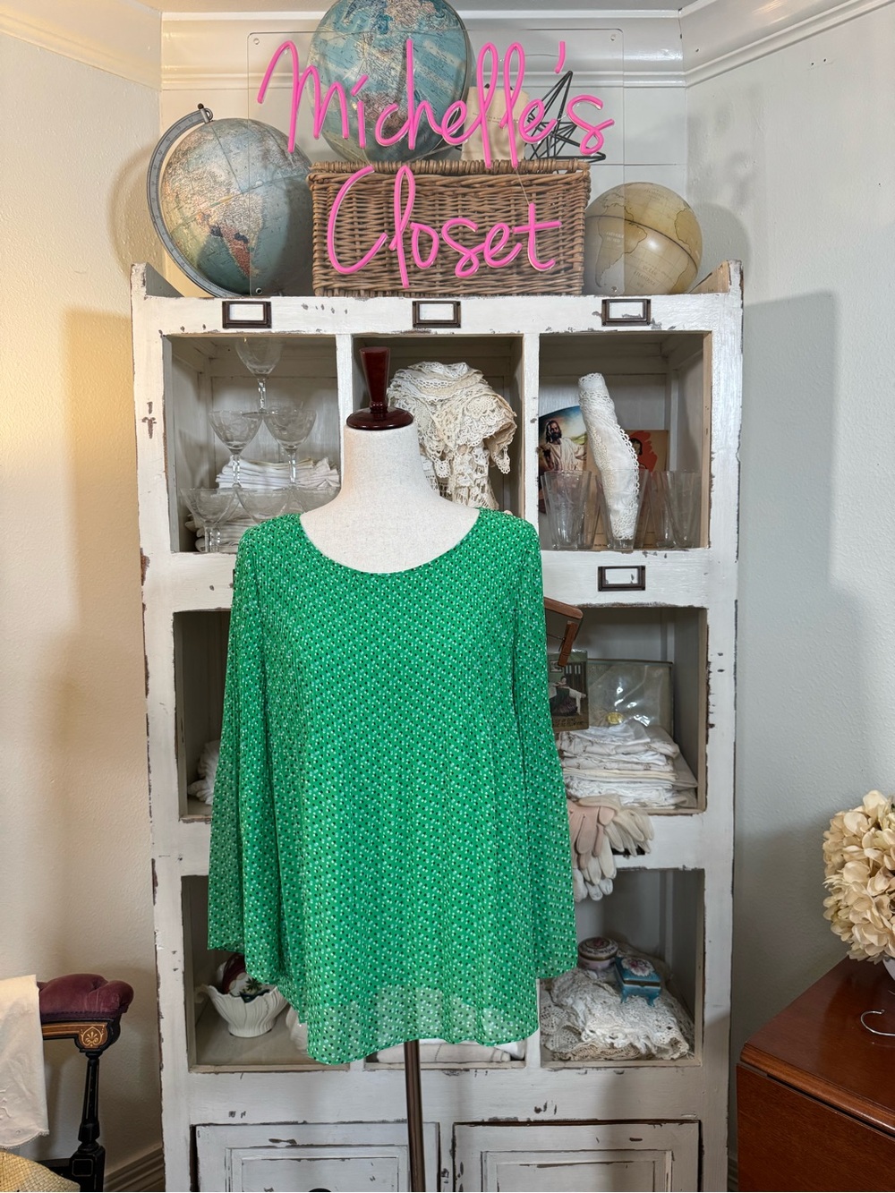 Max Studio Emerald Green Polka Dot Top
